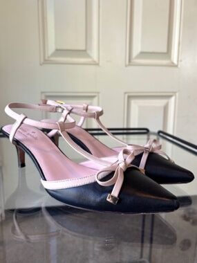 KATE SPADE Pomona T-Strap Kitten Heels in Black/Powder EUC/sz 7